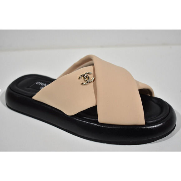 Chanel Beige Black Fabric Criss Cross Puffy CC Logo Slide Mule Sandal Flat 42 - Picture 2 of 12